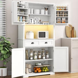Gyfimoie 72" Pantry Cabinet with LED Light and Charging Station, Farmhouse Kitchen Pantry Cabinet with Microwave Stand, Freestanding Cupboard with Drawer, Adjustable Shelves for Dining Room (White) Gyfimoie