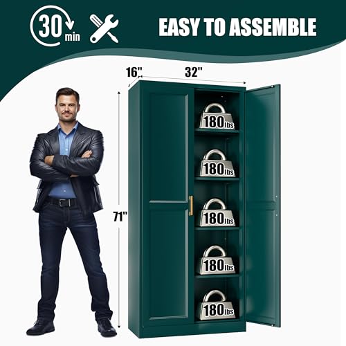 MetalMax 71" Tall Metal Storage Cabinet, Kitchen Pantry Storage Cabinets with Doors and 4 Shelves, Food Pantry Cabinet, Large Cupboard, Utility Steel Cabinets for Dining, Kitchen, Living Room, Green MetalMax