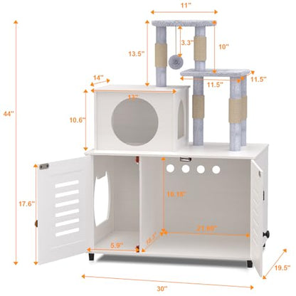 EasyCom Litter Box Enclosure, Hidden Cat Tree Tower Furniture for Indoor House, All-in-one Wooden Cat Litter Cabinet with Scratching Post and Condo, White - WoodArtSupply