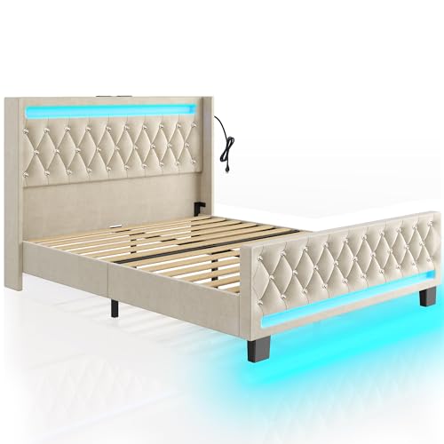 Rolanstar Queen Bed Frame with LED Light and Charging Station, Upholstered High Headboard and Footboard, Wood Slats, Noise Free, Easy Assembly, Beige Rolanstar