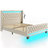 Rolanstar Queen Bed Frame with LED Light and Charging Station, Upholstered High Headboard and Footboard, Wood Slats, Noise Free, Easy Assembly, Beige Rolanstar