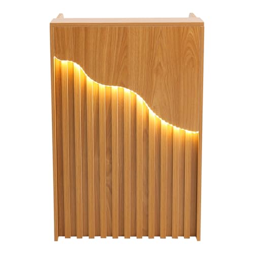 CNCEST L-Shaped Small Space Reception Desk with Locking Storage & LED Light, Modern Oak Front Desk Checkout Counter for Hotel, Shop, Beauty Salon, Office CNCEST