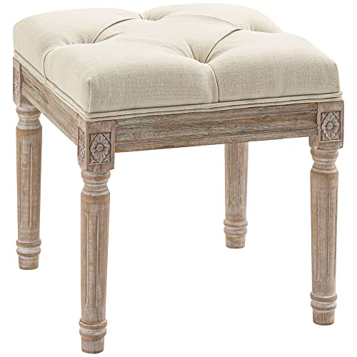 HOMCOM 16" Vintage Ottoman, Tufted Foot Stool with Upholstered Seat, Rustic Wood Legs for Bedroom, Living Room, Beige - WoodArtSupply