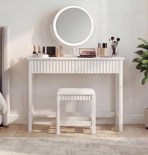 ChooChoo 40 Inch Modern Desk with Drawers, Makeup Vanity Desk with Padded Stool, Small Home Office Desk for Bedroom, White ChooChoo
