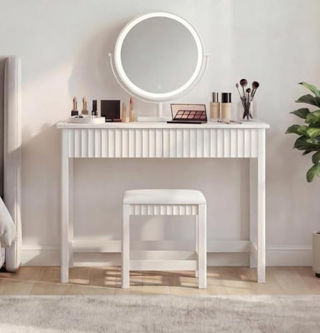 ChooChoo 40 Inch Modern Desk with Drawers, Makeup Vanity Desk with Padded Stool, Small Home Office Desk for Bedroom, White ChooChoo