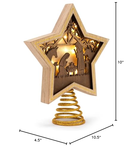 DEMDACO Gold Accented Wooden Star with Cutout Nativity Scene and Warm LED Shadow Box 10 x 8.5 Inches Christmas Tree Topper