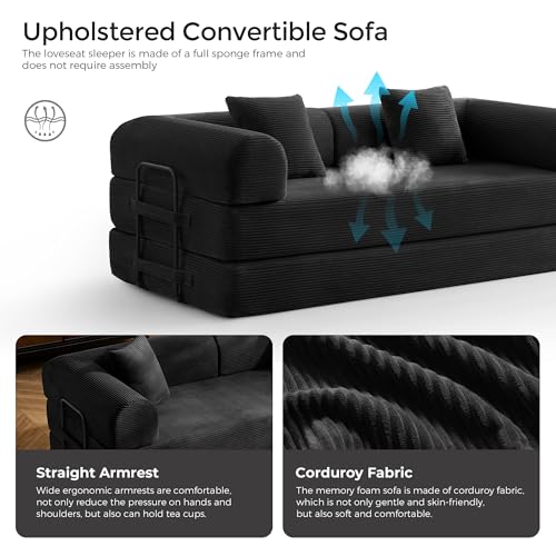 79" Convertible Sofa Bed with Fixed-Shape Frame & Removable Armrests, Modular Corduroy Sleeper Sofa, Folding Mattress Couch for Small Spaces - No Assembly Needed in Black (Includes 2 Pillows) SAVENICA