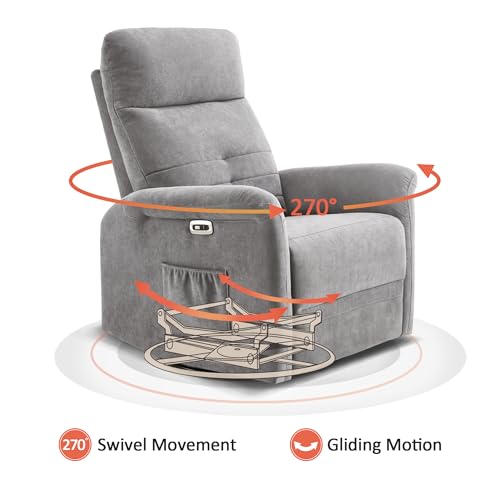 MCombo Power Swivel Glider Recliner Chair, Electric Rocker Recliner Chairs with USB Charging Ports for Living Room and Nursery, Fabric 7763 (Light Grey)