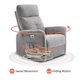 MCombo Power Swivel Glider Recliner Chair, Electric Rocker Recliner Chairs with USB Charging Ports for Living Room and Nursery, Fabric 7763 (Light Grey)