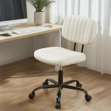 Sweetcrispy Small Office Desk Chair - Armless PU Leather with Comfy Lumbar Support, Height Adjustable Rolling Swivel Task for No Arms, for Adult, Student, Bedroom, Home, Vanity, Beige White Sweetcrispy
