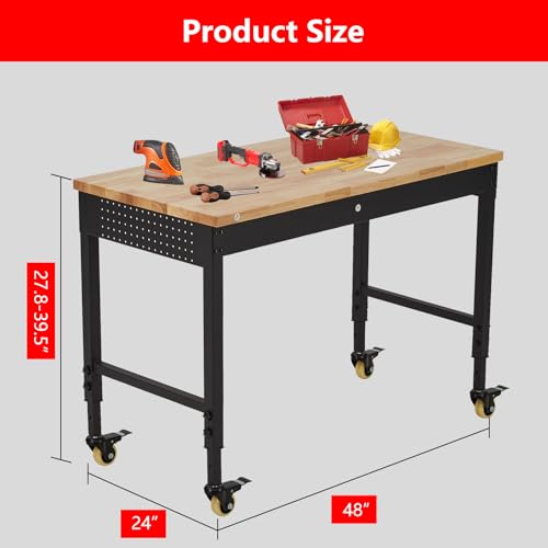 ACONEE 48" Adjustable Workbench, Heavy Duty Workstation 2000 LBS Load Capacity, Rubber Wood Top Workstation with 4 Rolling Casters, Power Outlets, Metal Frame, Wood Top Workbench for Workshop - WoodArtSupply