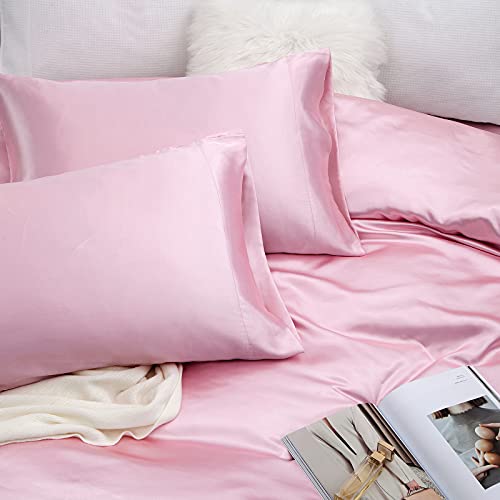 Vonty Satin Sheets Twin Silky Soft Satin Bed Sheets Pink Sheet Set, 1 Deep Pocket Fitted Sheet + 1 Flat Sheet + 1 Pillowcases Vonty