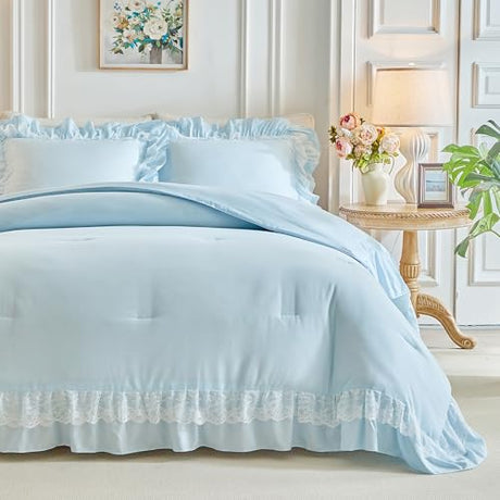 Joyreap Queen Size Comforter Set Blue, 3pcs Lace Ruffled Bedding Comforter Set, Microfiber Vintage Boho Chic Bedding Set for All Season- 88x88 inches Joyreap