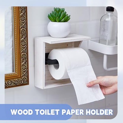 Mifoci 2 Pcs Farmhouse Toilet Paper Holder with Shelf Rustic Wooden Wall Mounted Tissue Roll Holder with Phone Storage Shelf Paper Dispenser Holder for Bathroom