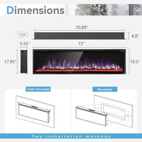 GREEN PARTY 72" Electric Fireplace Recessed/Wall Mounted Ultra-Narrow Bezel Fireplace Heater with Log & Crystal Options, 750W/1500W, Adjustable Flame Bed Colors, Speed, Timer, Temperature (60.8℉-86℉) GREEN PARTY
