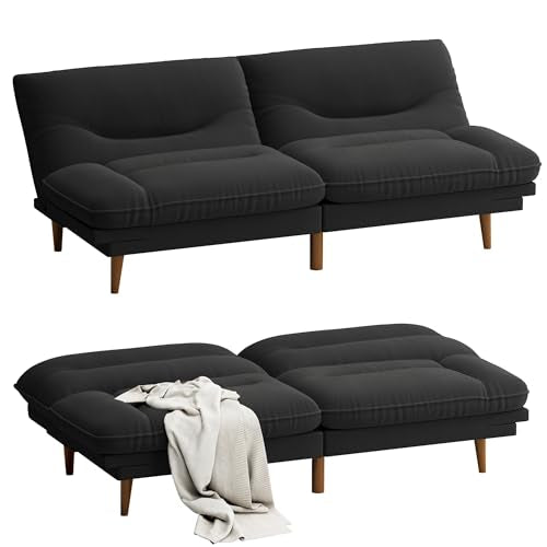 Homall Futon Sofa Bed, Modern Loveseat Futon Couch with Adjustable Backrest and Armrests, Sleeper Sofa Bed with Wood Frame for Living Room, Office, Apartment (Fabric, Black) Homall