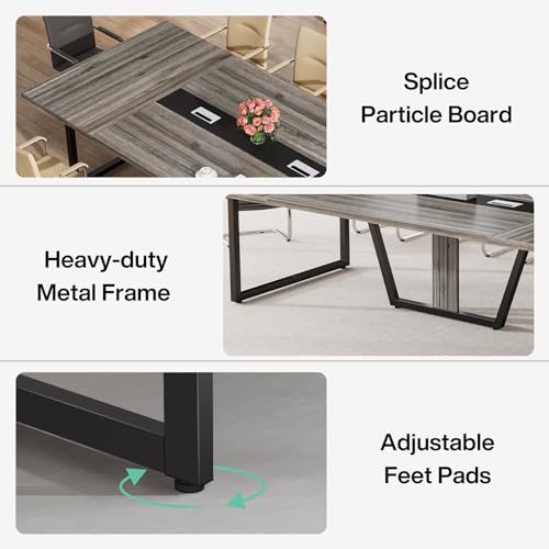 LITTLE TREE 8FT Conference Table for 10 People, Large Meeting Table, Modern Wooden Conference Room Table with Cable Management, Business Style Training Table with Strong Metal Legs for Office, Grey LITTLE TREE
