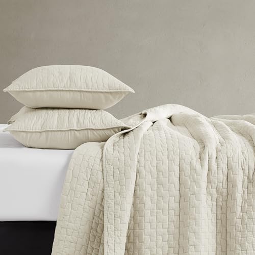 palassio Beige 100% Cotton Quilt King Size Bedding Sets with 2 Pillow Shams, Textured Lightweight Soft Bedspread Shabby Chic Coverlet, Neutral Quilted Comforter Bed Cover for All Season, 3 Pieces palassio