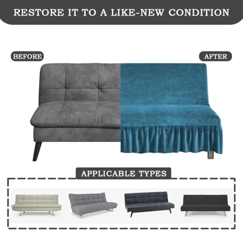 Daunkang Stretch Armless Futon Cover with Skirt Ruffled Sofa Bed Slipcover Washable Folding Futon Sofa Covers Furniture Bed Protector with Elastic Bottom for Kids Pets Large Lake Blue Daunkang
