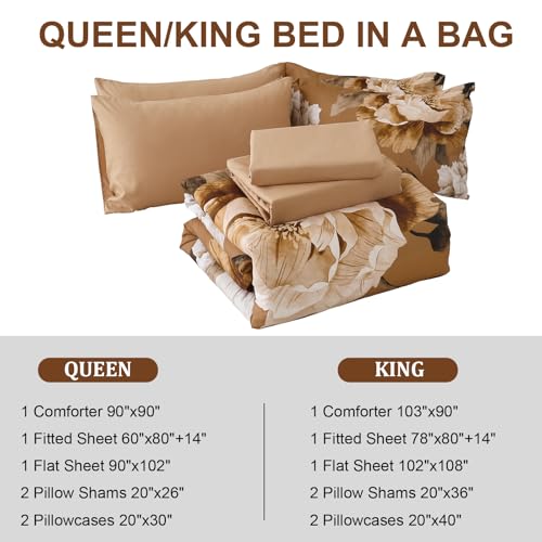 Dobuyly Brown Comforter Set Queen Size 7 Piece Bed in a Bag, Floral Printed on Brown Comforter Set with Sheets, Soft Microfiber Botanical Fall Complete Bedding Set for All Season Dobuyly