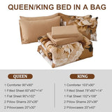 Dobuyly Brown Comforter Set Queen Size 7 Piece Bed in a Bag, Floral Printed on Brown Comforter Set with Sheets, Soft Microfiber Botanical Fall Complete Bedding Set for All Season Dobuyly