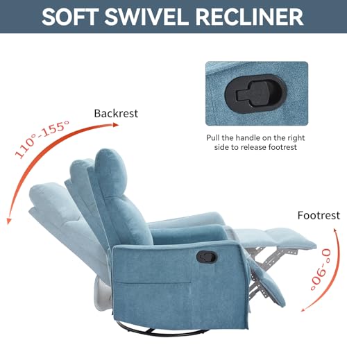 Kolavess Swivel Rocker Recliner Chair for Adults, Nursery Rocking Chair with Heat and Massage, Glider Reclining Chair for Small Space Living Room Bedroom, Blue