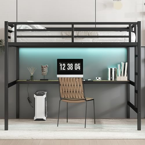 Bellemave Loft Bed Full Size, Full Loft Bed with Desk and Charging Station(USB Port & Outlets), Heavy Duty Loft Beds with RGB LED Light, Side Ladder and Full Length Guardrail, Noise Free Design, Black Bellemave