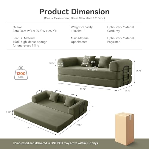 QQR Sleeper Sofa, Comfy Convertible Folding Couch-Futon-Corduroy Fabric Sleeper Sofa Bed with 2 Pillow, Removable Soft Cushion for Small Living Room Dorm/Bedroom/College/Office (Light Green) QQR