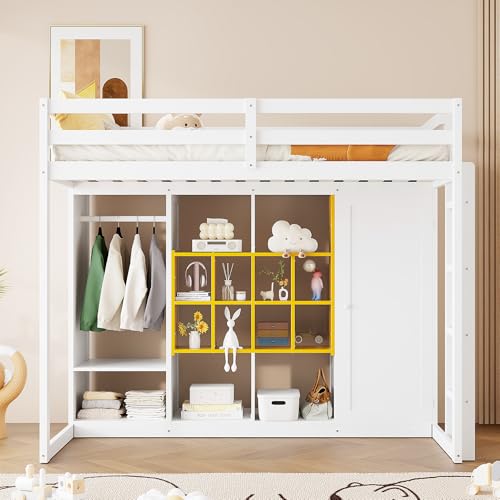 Ball & Cast Twin Size Loft Bed with Wardrobe and Reversible Staircase,Multifunction Wood Bed Frame W/Shelves & Cabinet,Full-Length Guardrails,No Box Spring Needed,for Bedroom,Student,White+Yellow Ball & Cast