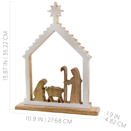 AuldHome Wood Enamel Nativity Scene, Rustic Mango Wood w/Enamel Christmas Decor Statue