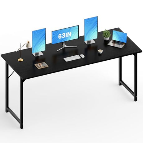 OLIXIS Computer Office Desk, 63 Inch Writing Work Study PC Wood Modern Desk with Storage Bag & Headphone Hook Simple Bedroom for 2 Person Kids Student Table, Black OLIXIS