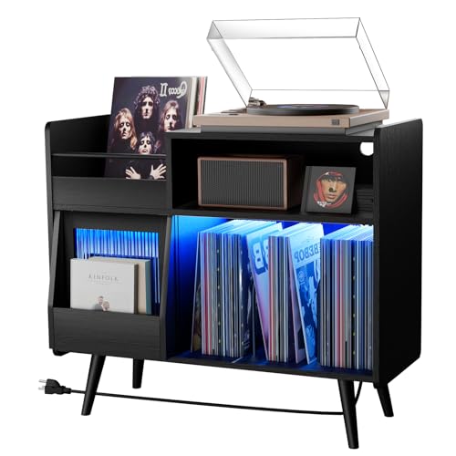 Upgraded Large Black Record Player Stand -Turntable Stand Shelf with with Power Outlet and LED Light,Vinyl Record Storage Cabinet Up to 350 Albums,Wood Record Player Holder Table for Living Room Loomie