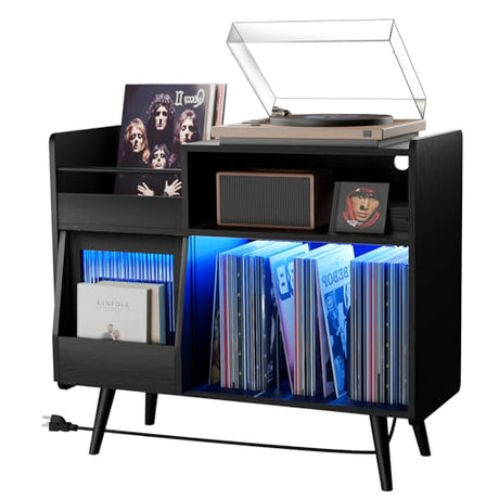 Upgraded Large Black Record Player Stand -Turntable Stand Shelf with with Power Outlet and LED Light,Vinyl Record Storage Cabinet Up to 350 Albums,Wood Record Player Holder Table for Living Room Loomie