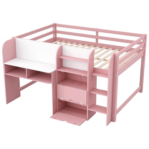 SOFTSEA Full Size Low Loft Bed with Desk & Storage, Solid Wood Pink Loft Bed with Drop-Down Cabinets, Open Shelves & Whiteboard for Kids Juniors Boys Girls, Pink SOFTSEA