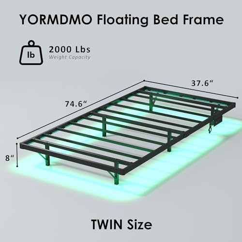 YORMDMO Floating Bed Frame Twin Size, Heavy Duty Bedframe with Smart LED Lights & Charging Station, Modern Metal Platform Bed, Easy Assembly No Box Spring Needed, 8 Inch YORMDMO