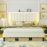 AMERLIFE King Size Upholstered Bed Frame with LED Lights, Soft Fabric/Button Tufted Platform Bed with Charging Station/Wood Slat Support/Noise Free, White AMERLIFE