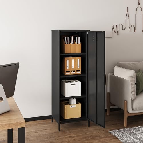 Steehoom Metal Storage Cabinet, Steel File Locker with 3 Shelves 59.06-inch high for School, Living Room, Bedroom, Office (Black) Steehoom
