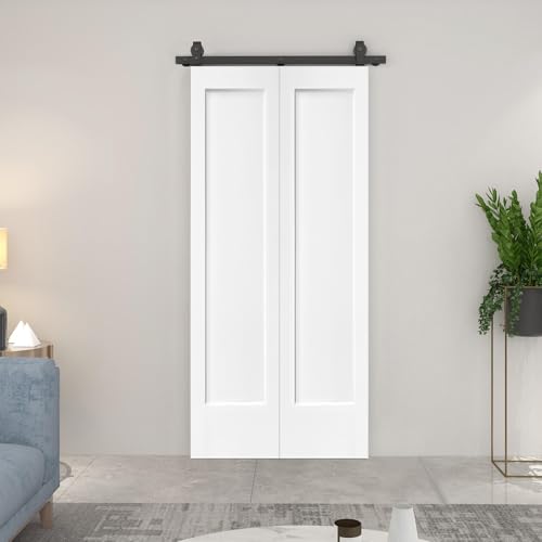 36 in. x 80 in. 1 Panel Shaker Primed MDF Composite Bi-Fold Barn Door with Sliding Hardware Kit Calhome