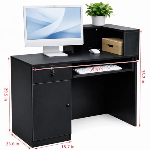 GRGECXZ Modern Reception Desk with Storage Drawer & Counter Shelf, 39.4" Front Counter Reception Table for Office, Salon, Lobby, Retail Store (Black, Right Table) GRGECXZ