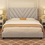 Yaheetech Beige Queen Upholstered Platform Bed with Wing Headboard & Wooden Slat Support Yaheetech