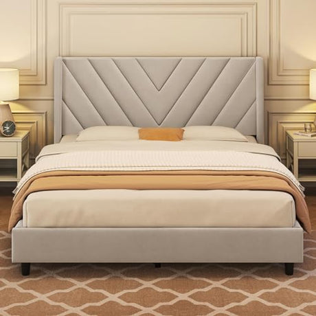 Yaheetech Beige Queen Upholstered Platform Bed with Wing Headboard & Wooden Slat Support Yaheetech