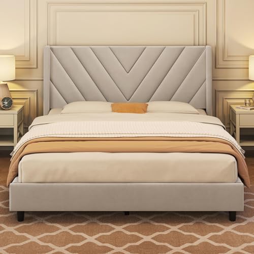 Yaheetech Beige Queen Upholstered Platform Bed with Wing Headboard & Wooden Slat Support - WoodArtSupply