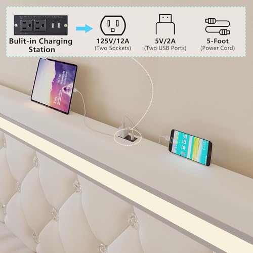 Forrise Bed Frame Full Size with LED Light and Storage Drawers, Adjustable Headboard with PU Leather Upholstered, 2 Sockets and 2 USB Ports, No Box Spring Needed,Wooden Slats Support, White. Forrise