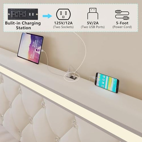 Forrise Bed Frame Full Size with LED Light and Storage Drawers, Adjustable Headboard with PU Leather Upholstered, 2 Sockets and 2 USB Ports, No Box Spring Needed,Wooden Slats Support, White. Forrise
