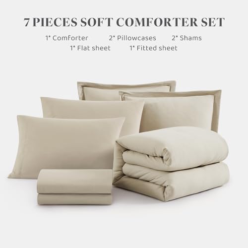 WRENSONGE Oversized Queen Comforter Set - 7 Pieces Light Oatmeal Bed in a Bag Queen with Sheets, 2 Pillow Shams, and 2 Pillowcases- Warm Bedding Sets Queen for All Season WRENSONGE
