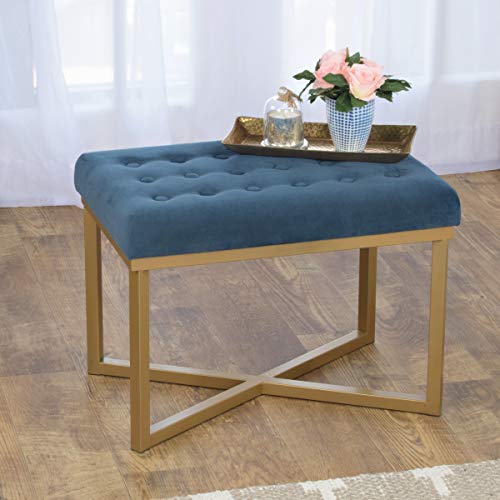 Homepop Home Decor | Upholstered Tufted Velvet Ottoman Bench | Ottoman Bench for Living Room & Bedroom, Blue, 24 x 16 x 17-1/2 inches high HomePop