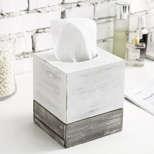 MyGift Vintage White and Distressed Gray Wood Square Bathroom Tissue Box Dispenser Holder Cover with Slide-Out Bottom Panel, 5.5 x 5.5 x 6.3 Inches