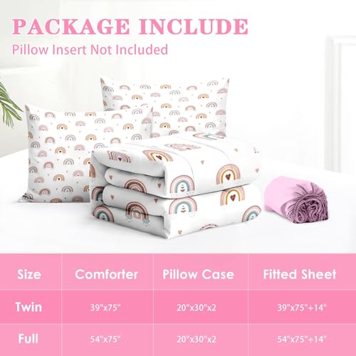 Nesker Zipper Bedding Full Rainbow Heart Zip Up Bedding Set for Girls and Kids, Pink Boho 3 Pcs Comforter Bed in a Bag with Fitted Sheet and 2 Pcs Pillowcases Nesker