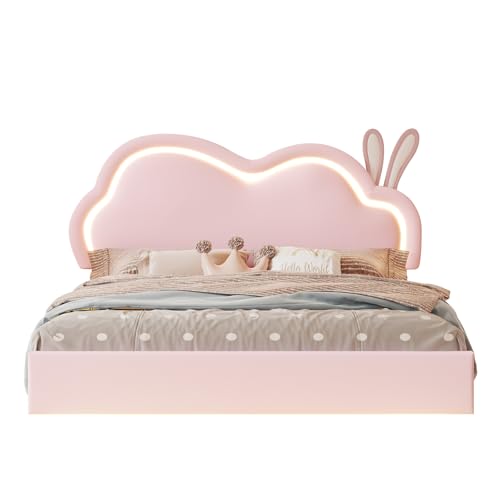 Jocisland LED Twin Bed Frame for Girls Upholstered Floating Bed with Cute Cloud Headboard, No Box Spring Needed, Leather, Pink Jocisland