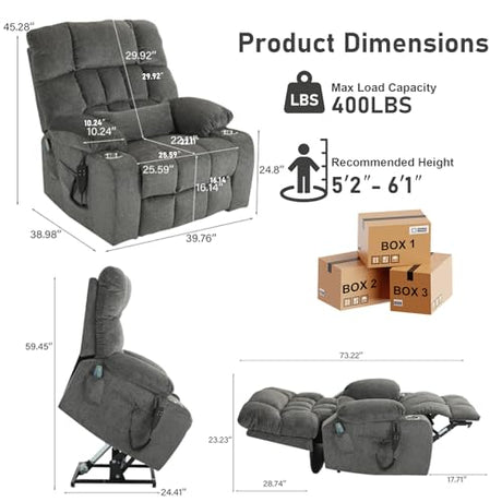 RHHVVR Oversized Power Recliner Chair for Big and Tall 400 LBS, 25.5" Extra Wide Electric Lift Chair with Heat and Massage, Dual Motor 180° Lay Flat Recliner Living Room Sofa, Chenille Big Lift Chair RHHVVR